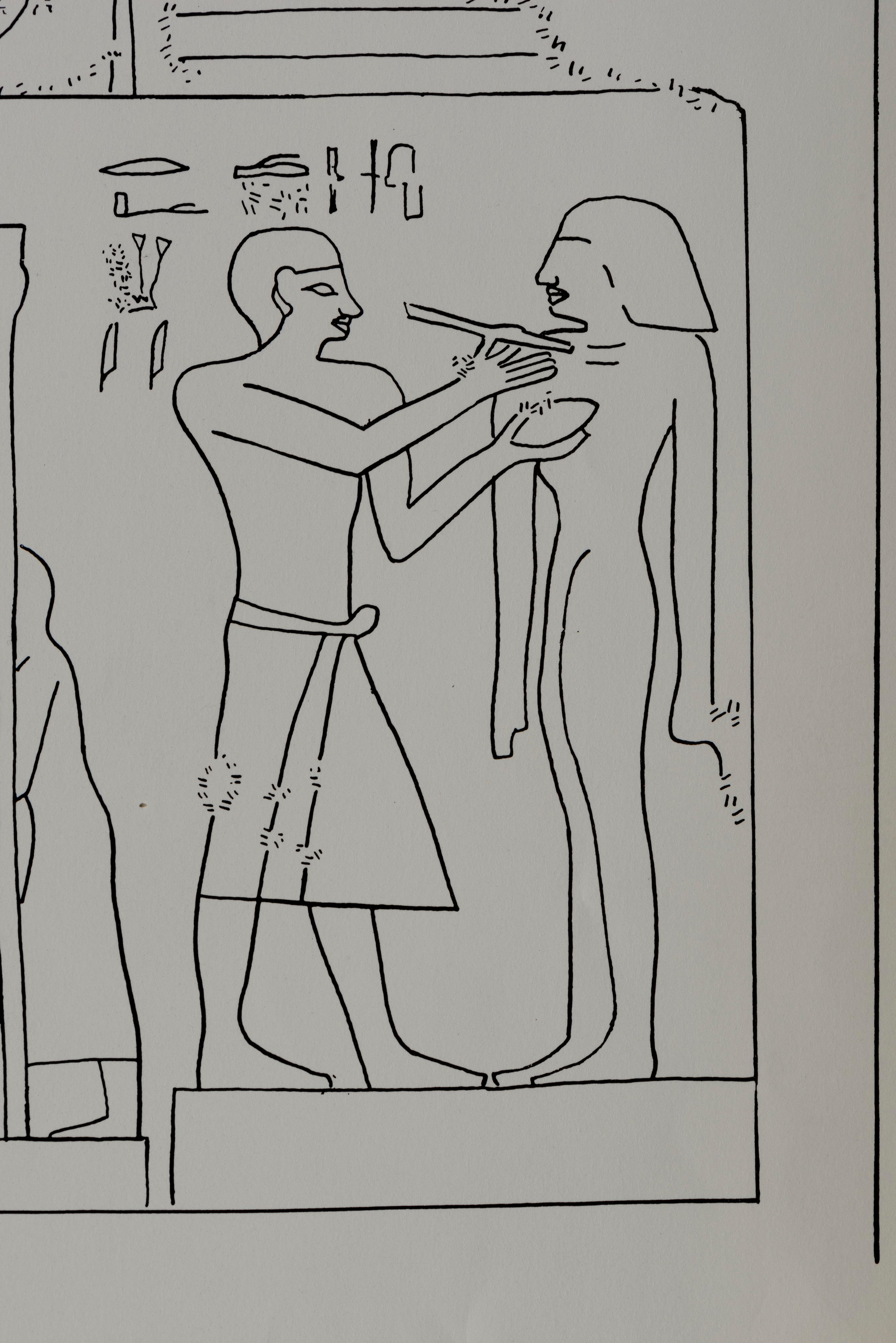 Modern line drawing of an artist painting a statue of Queen Meresankh III, copied from her tomb. Reproduced from Dows Dunham and William Kelly Simpson, The Mastaba of Queen Meresankh III. (G 7530–7540) (Boston: Museum of Fine Arts, Boston, 1974).