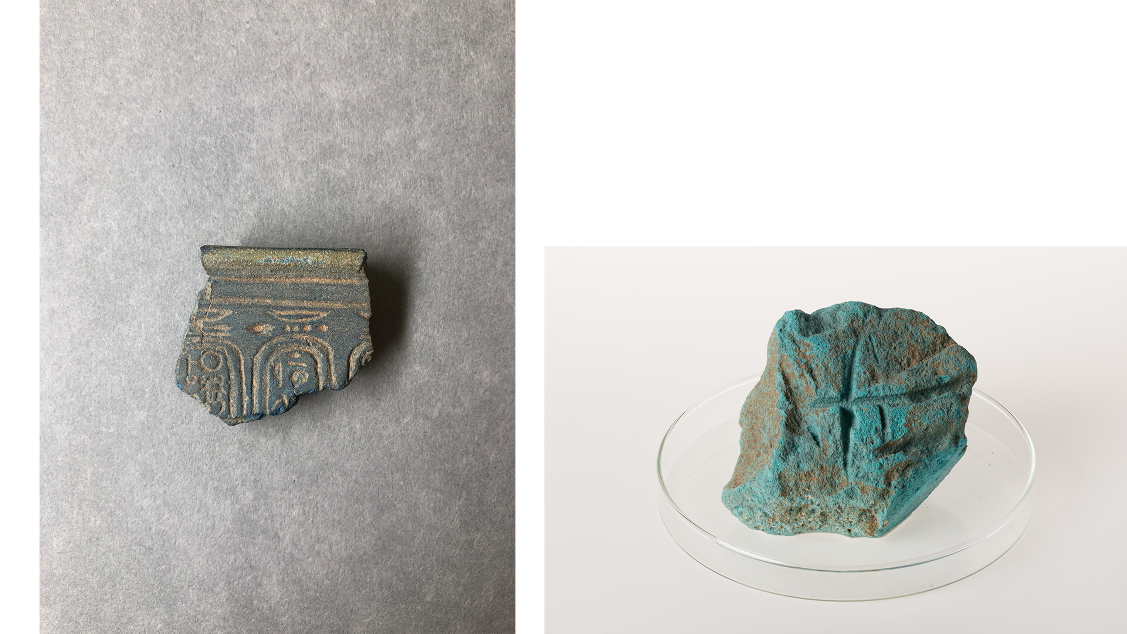 The Egyptian blue frit vessel fragment (16.621) and the large piece of Egyptian green frit (34.6048b), each captured under visible light. On the vessel fragment, remains of partial cartouches with Akhenaten’s names are visible below the rim. (Photos: Brooklyn Museum)