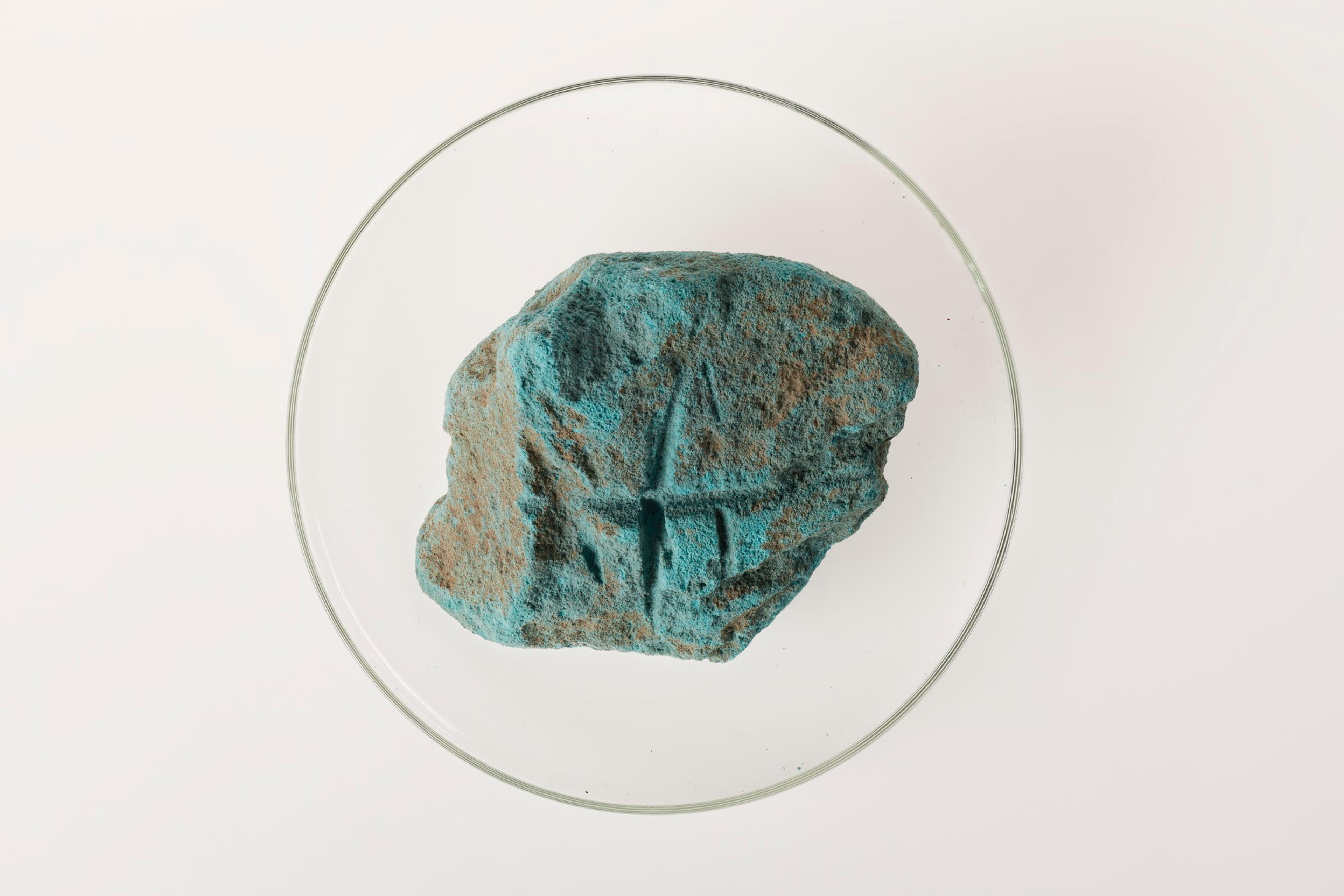 <i>Lump of Egyptian Green Frit</i>, ca. 1352–1336 B.C.E. Egyptian green pigment, 2.75 x 4.25 x 3 5/8 in. (7 x 10.8 x 9.2 cm). Brooklyn Museum, Gift of the Egypt Exploration Society, 34.6048b. (Photo: Brooklyn Museum)